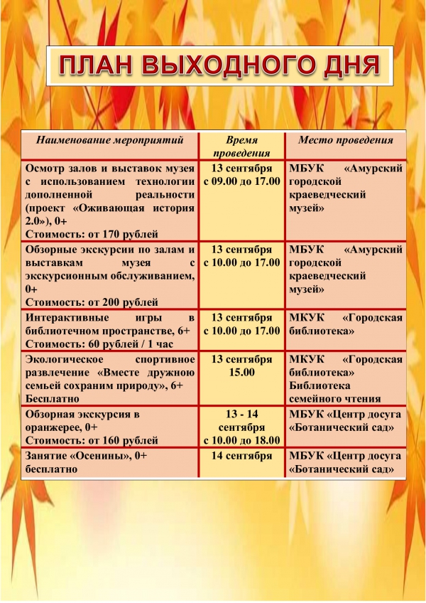 План выходного дня 13.09-14.09.2025