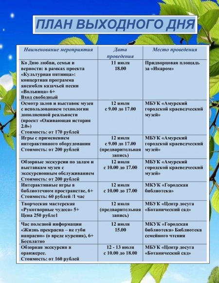 План выходного дня 12.07.-13.07