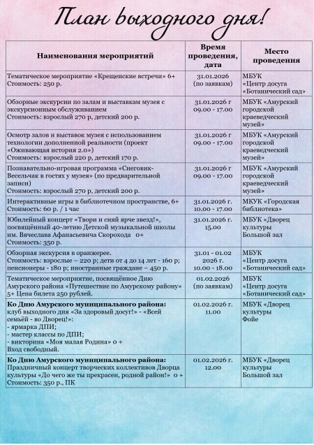 "План выходного дня 31.01 - 01.02.2026 года"