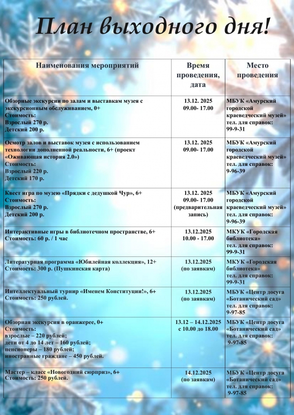 "План выходного дня 13.12 - 14.12.2025"