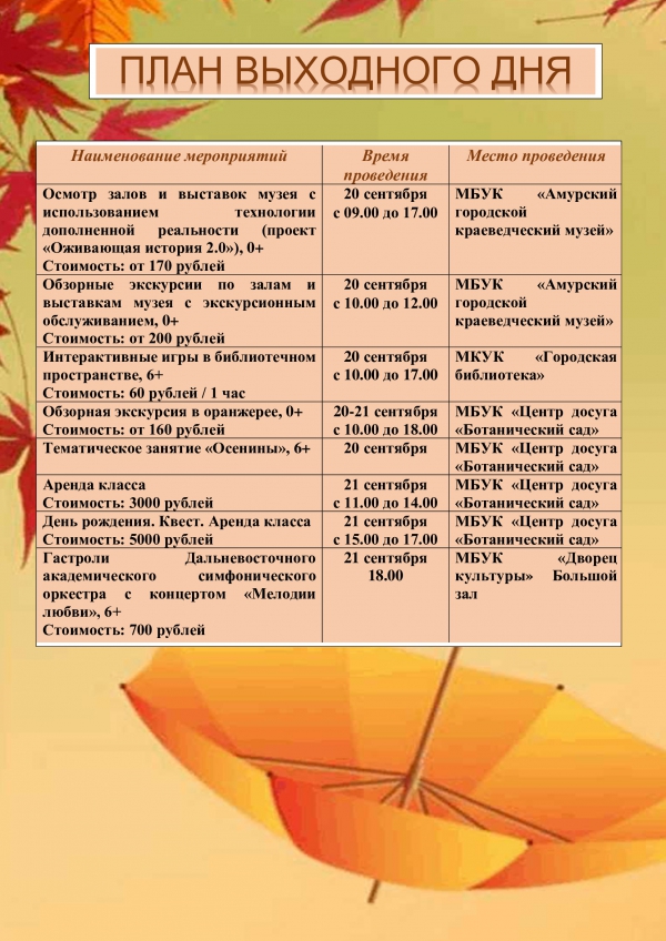 План выходного дня 20.09.-21.09.2025