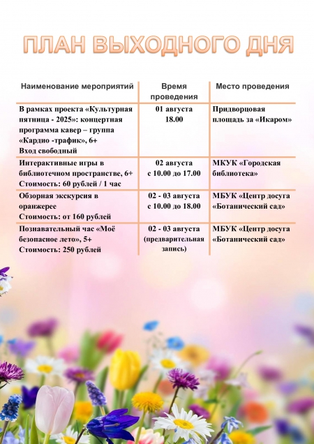 План выходного дня 02.08 - 03.08