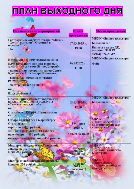 План выходного дня 08.03-09.03