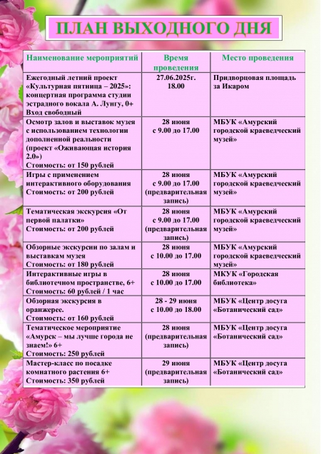 План выходного дня 28.06-29.06