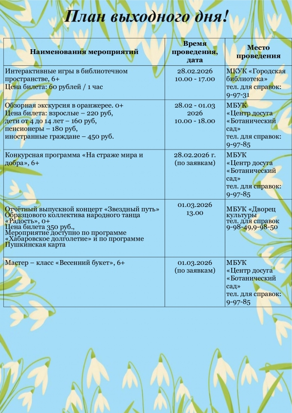 "План выходного дня учреждений культуры 28.02 - 01.03.2026"