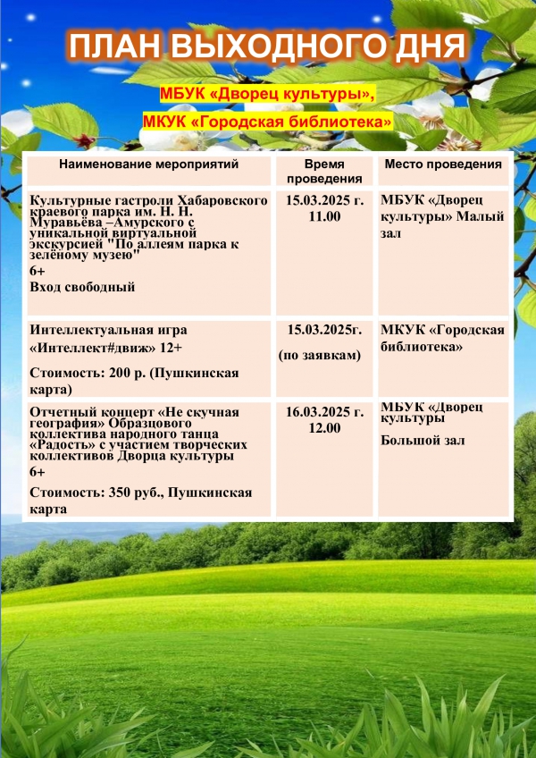 План выходного дня 15.03-16.03