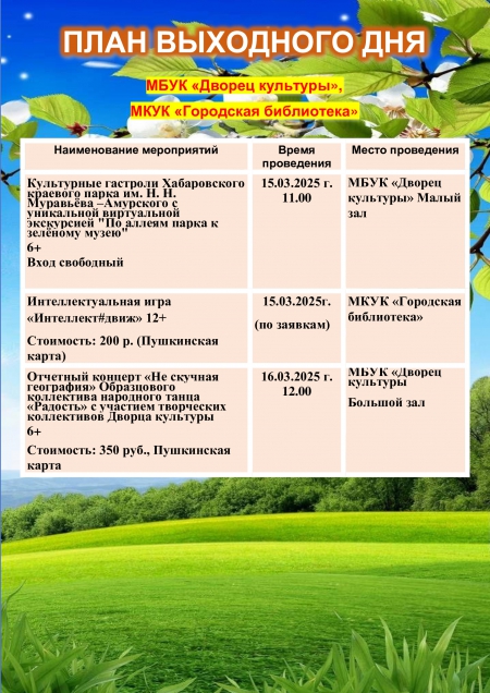 План выходного дня 15.03-16.03