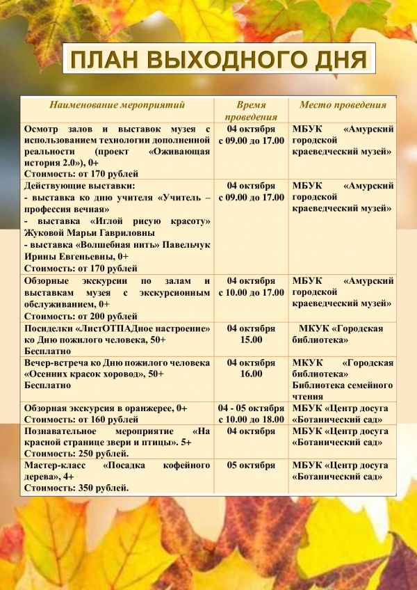План выходного дня 04.10 - 05.10
